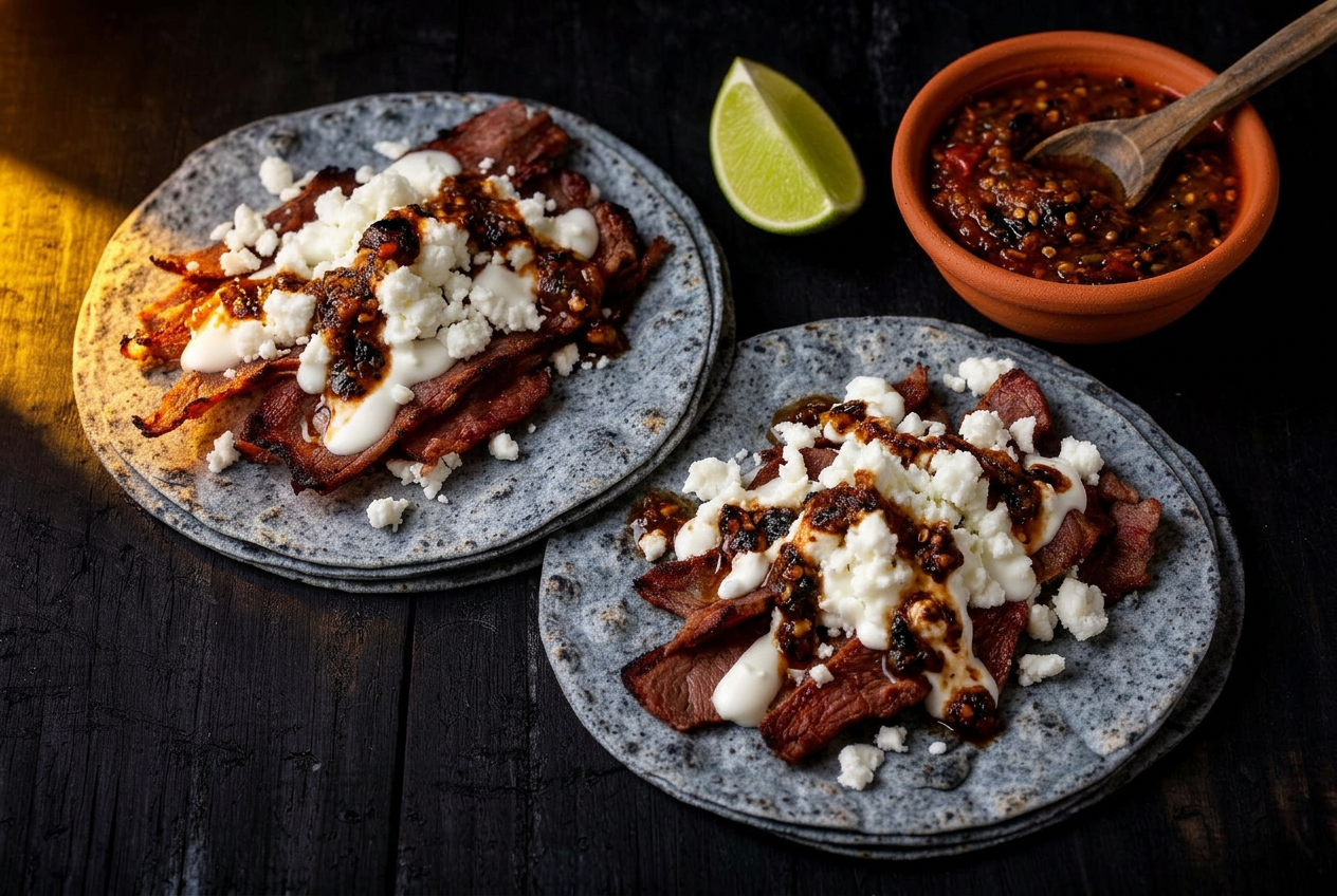 Tacos de cecina de Yecapixtla con tortilla de maíz azul, queso fresco, crema y salsa roja